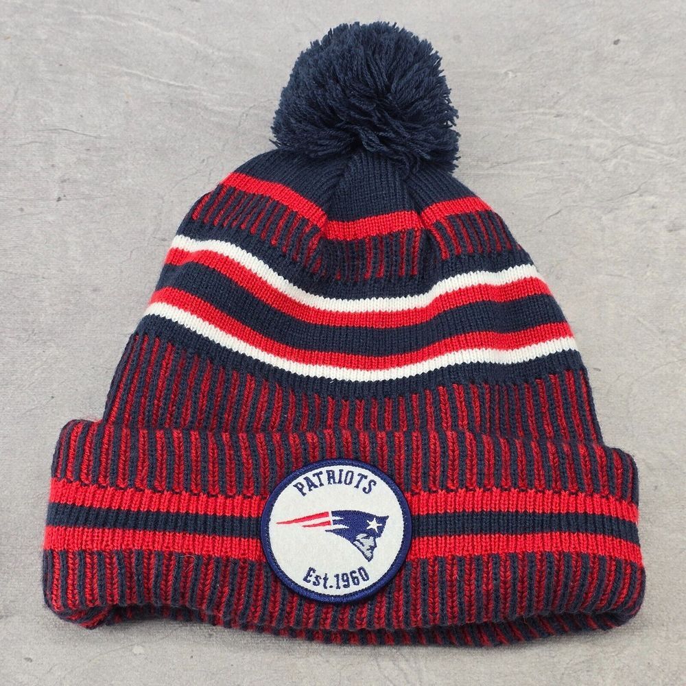 New Era New England Patriots NFL Pom Beanie Hat 100 Anniversary Red Blue Striped